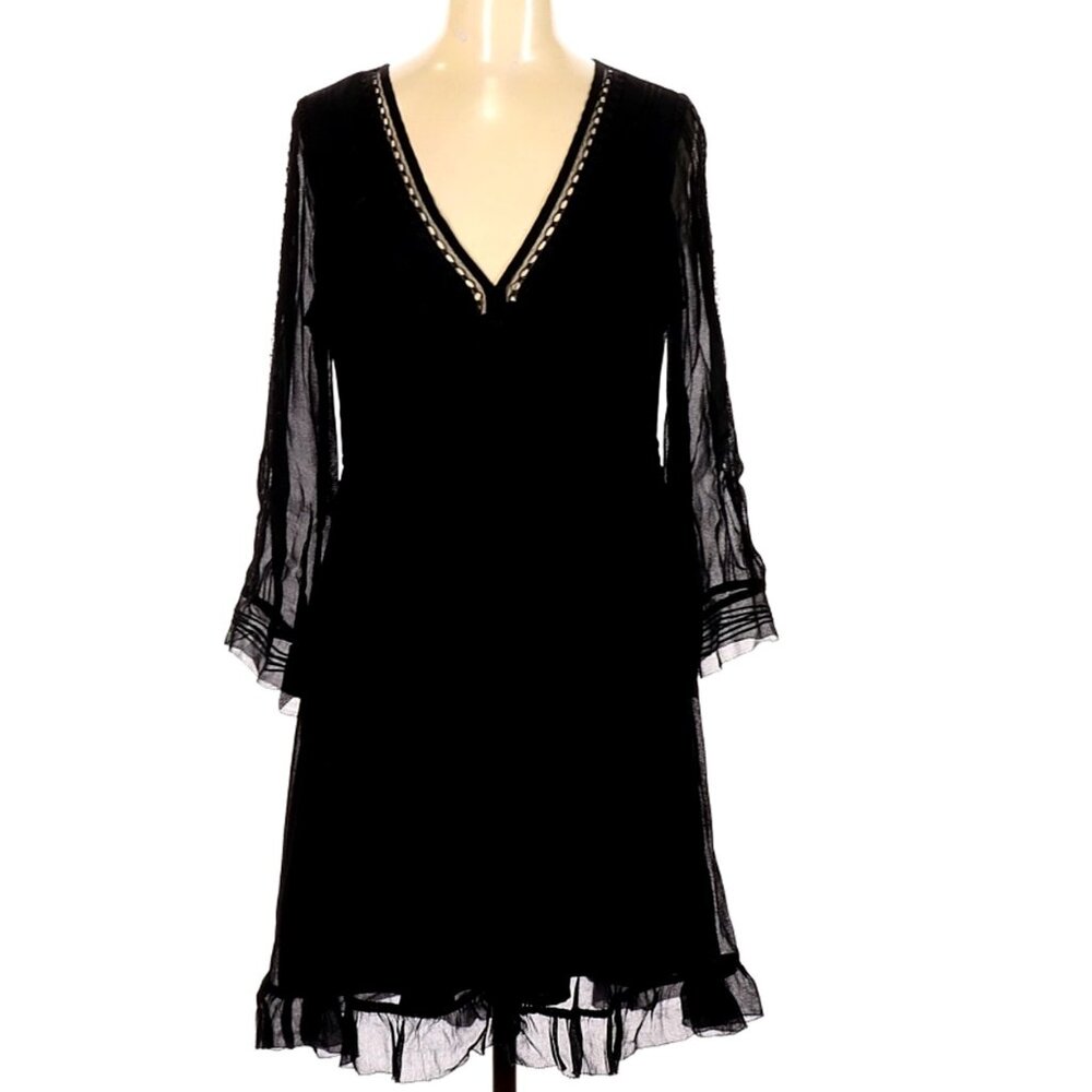 Sanctuary Beautiful Black dress with sheer long sleeves , an awesome hem, M
